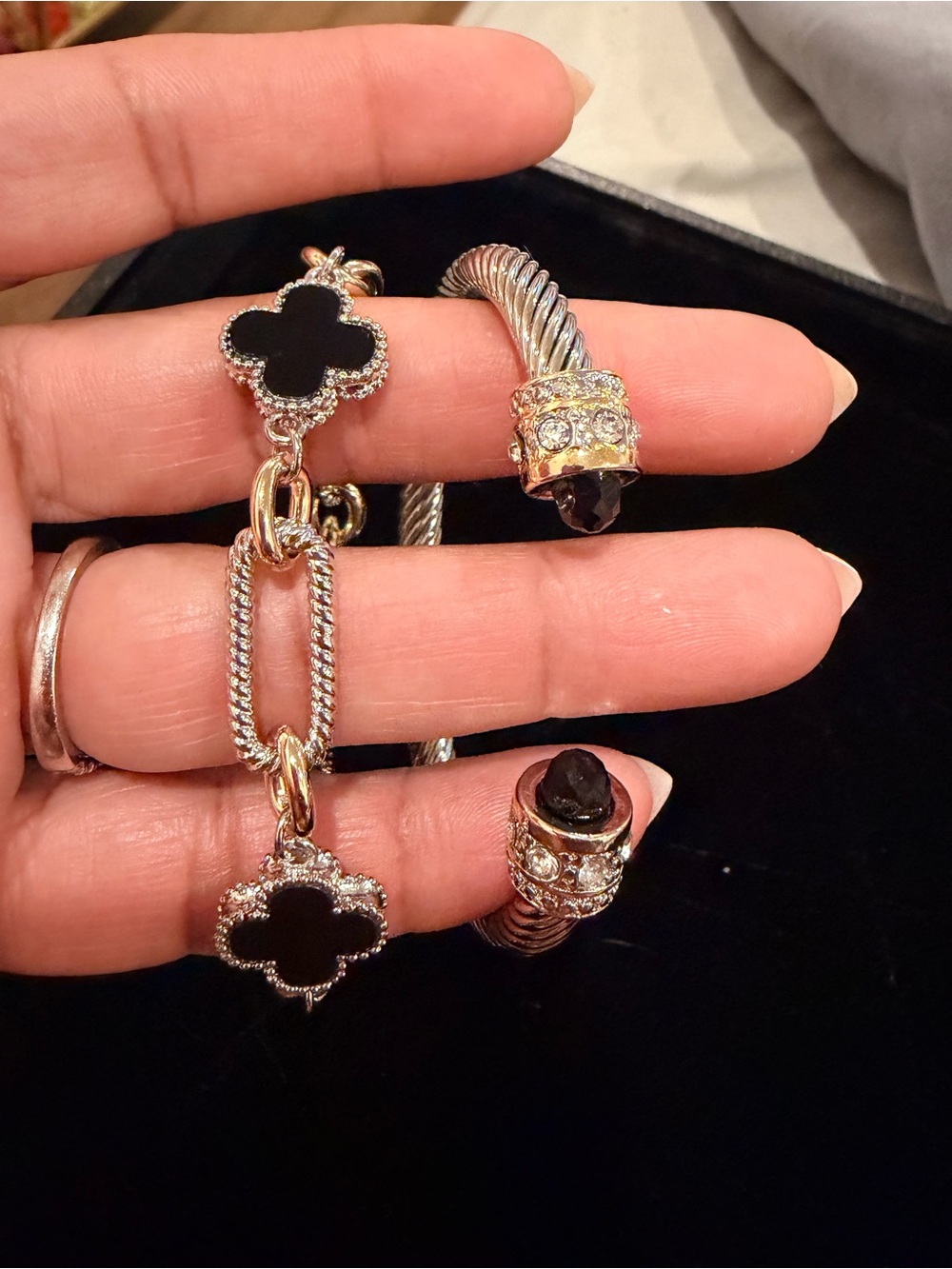 Gold and Black Clover Link Bracelet and Cable Cuff Set